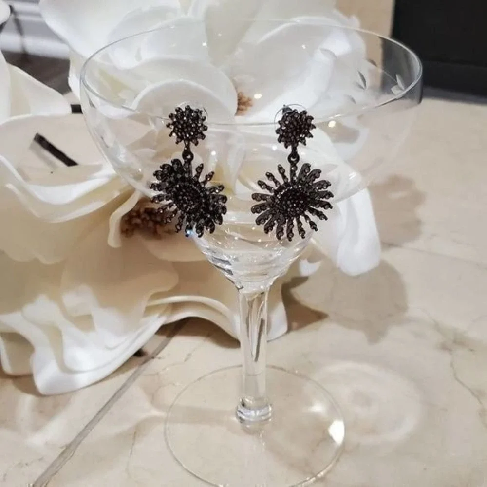Lucky Brand Gunmetal‎ Sunburst Crystal Drop Earrings Celestial Statement Dangle